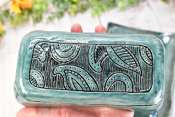Handmade Ceramic Butter Dish with Lid, 2 piece Cover Stoneware Pottery for Countertop & Dining Table, Paisley Greenish Blue Home Gift