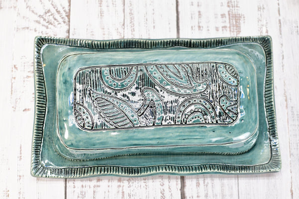 Handmade Ceramic Butter Dish with Lid, 2 piece Cover Stoneware Pottery for Countertop & Dining Table, Paisley Greenish Blue Home Gift