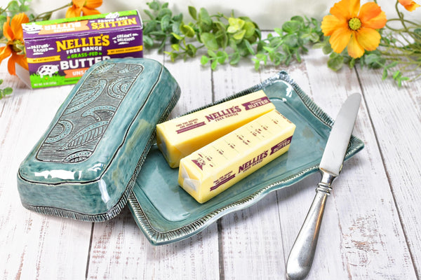 Handmade Ceramic Butter Dish with Lid, 2 piece Cover Stoneware Pottery for Countertop & Dining Table, Paisley Greenish Blue Home Gift
