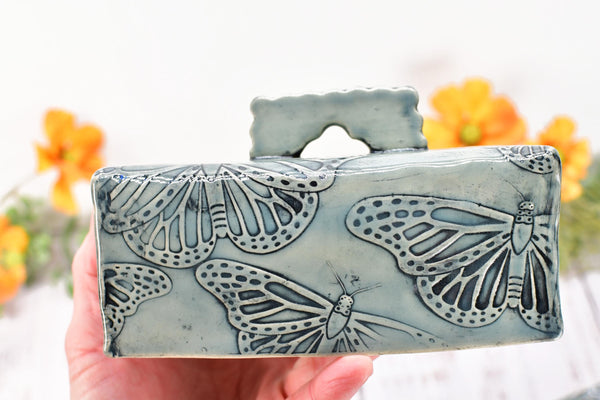 Butterfly Ceramic Butter Dish with Lid, Handmade 2 piece Cover Stoneware Pottery for Countertop & Dining Table, Monarch Gray Blue Home Gift