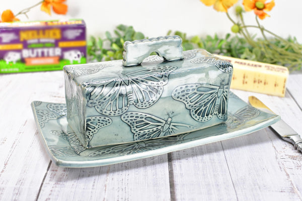 Butterfly Ceramic Butter Dish with Lid, Handmade 2 piece Cover Stoneware Pottery for Countertop & Dining Table, Monarch Gray Blue Home Gift