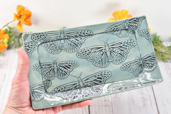 Butterfly Ceramic Butter Dish with Lid, Handmade 2 piece Cover Stoneware Pottery for Countertop & Dining Table, Monarch Gray Blue Home Gift