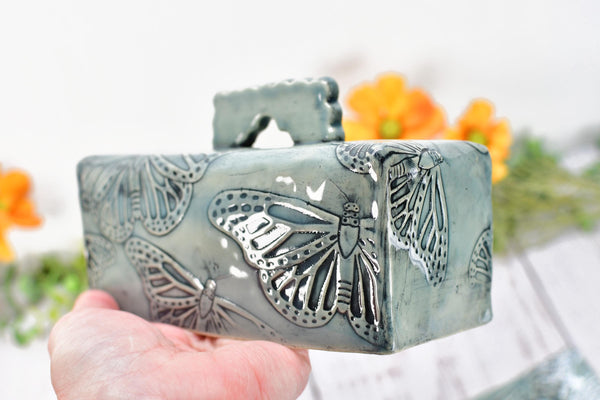 Butterfly Ceramic Butter Dish with Lid, Handmade 2 piece Cover Stoneware Pottery for Countertop & Dining Table, Monarch Gray Blue Home Gift