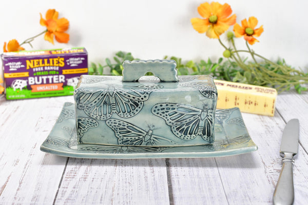 Butterfly Ceramic Butter Dish with Lid, Handmade 2 piece Cover Stoneware Pottery for Countertop & Dining Table, Monarch Gray Blue Home Gift