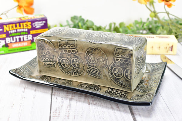 Sugar Skull Ceramic Butter Dish with Lid, Handmade 2 piece Cover Stoneware Pottery for Countertop & Dining Gift, Gray Black Seconds Sale