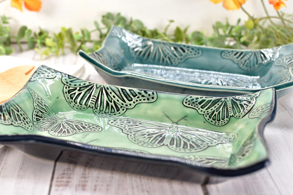 Butterfly Ceramic Dish, Spoon Rest, Handmade Stoneware Pottery for Countertop & Dining, Monarch Green Blue, Cracker Dish, Jewelry Trinket