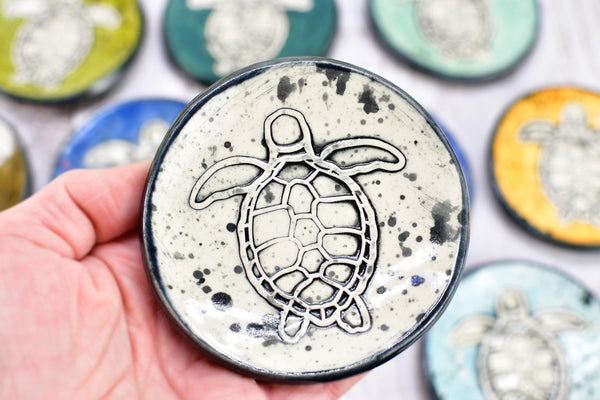 Sea Turtle Ceramic Small Coffee Spoon Rest in Blue, Teal, Green - Handmade Beachy Ocean Life Decor Stoneware Pottery