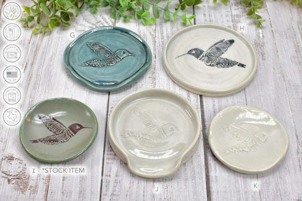Hummingbird Spoon Rest Small Ceramic for Coffee Bar, Handmade Jewelry Trinket Dish, Stoneware Pottery Gift in Blue, Gray, Green, Turquoise
