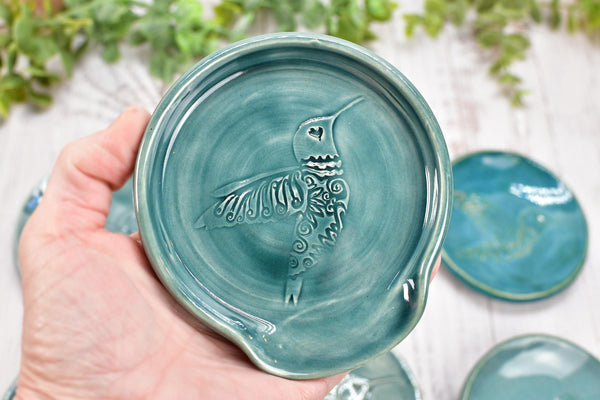 Hummingbird Spoon Rest Small Ceramic for Coffee Bar, Handmade Jewelry Trinket Dish, Stoneware Pottery Gift in Blue, Gray, Green, Turquoise