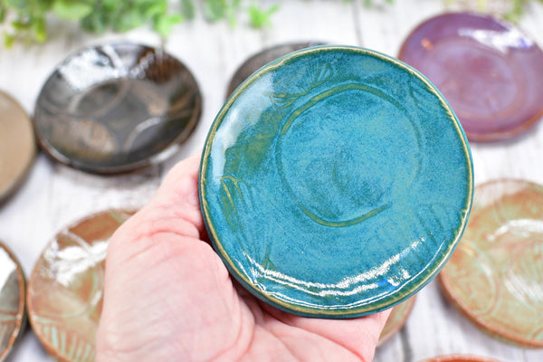 Sea Shell Ceramic Small Coffee Spoon Rest in Blue, Teal, Purple, Orange - Handmade Beach Decor Stoneware Pottery with Sand Dollars