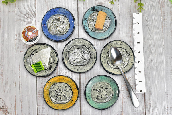 Sea Shell Ceramic Small Coffee Spoon Rest in Blue, Teal, Purple, Orange - Handmade Beach Decor Stoneware Pottery with Sand Dollars