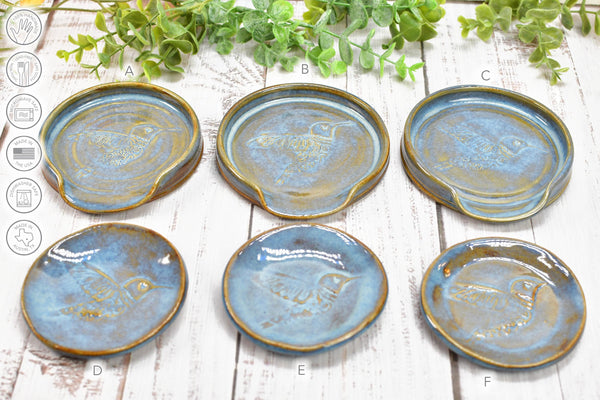 Hummingbird Spoon Rest Small Ceramic for Coffee Bar, Handmade Jewelry Trinket Dish, Stoneware Pottery Gift in Blue, Gray, Green, Turquoise