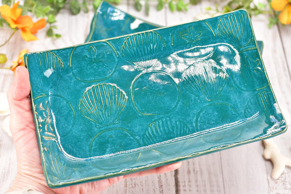 Seashell Ceramic Dish, Sand Dollar Spoon Rest, Handmade Stoneware Pottery for Kitchen Dining, Turquoise Blue Green, Cracker, Jewelry Trinket