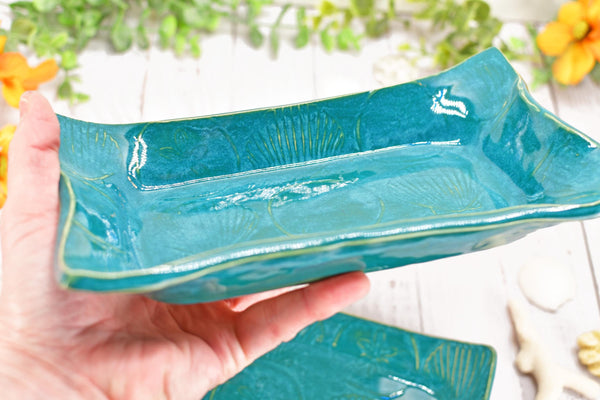 Seashell Ceramic Dish, Sand Dollar Spoon Rest, Handmade Stoneware Pottery for Kitchen Dining, Turquoise Blue Green, Cracker, Jewelry Trinket