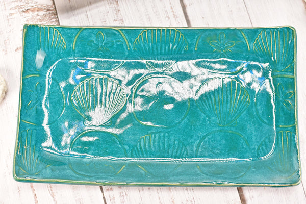 Seashell Ceramic Dish, Sand Dollar Spoon Rest, Handmade Stoneware Pottery for Kitchen Dining, Turquoise Blue Green, Cracker, Jewelry Trinket