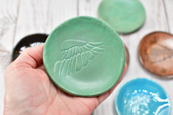 Angel Bird Wing Ceramic Small Coffee Spoon Rest, Jewelry Trinket Dish, Handmade Stoneware Pottery Hand Painted in Black and White
