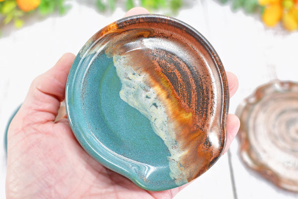 Copper & Turquoise Ceramic Spoon Rest, Handmade Medium Stoneware Pottery, Stovetop, Tabletop, Countertop Coffee Tea Bag Holder, Soap Dish