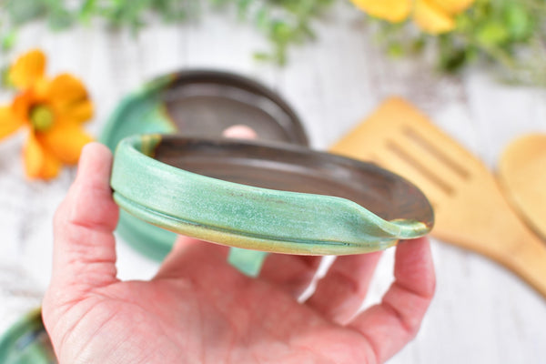Bronze & Verdigris Green Ceramic Spoon Rest, Handmade Medium / Large Stoneware Pottery, Stove, Countertop Coffee Tea Bag Holder, Anniversary