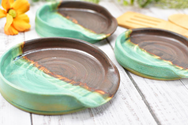 Bronze & Verdigris Green Ceramic Spoon Rest, Handmade Medium / Large Stoneware Pottery, Stove, Countertop Coffee Tea Bag Holder, Anniversary