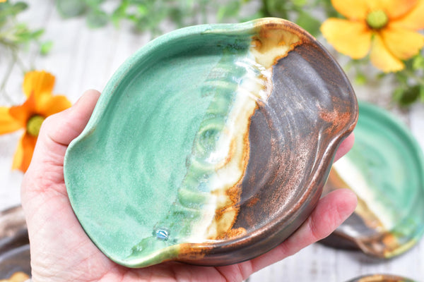 Ceramic Spoon Rest Handmade Copper Verdigris Green BBQ Air Fryer Tong Cooking Medium Large Stoneware Pottery Stovetop Countertop Coffee Bar