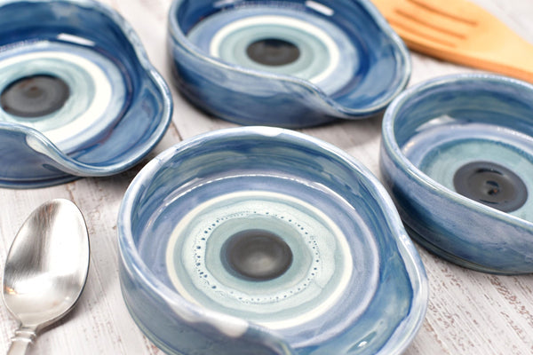 Evil Eye Ceramic Stove Top Spoon Rest Coffee Bar Tea Bag Pottery Blue White Handmade Handpainted Stoneware Large Housewarming Spiritual Gift