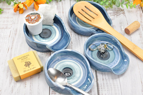 Evil Eye Ceramic Stove Top Spoon Rest Coffee Bar Tea Bag Pottery Blue White Handmade Handpainted Stoneware Large Housewarming Spiritual Gift