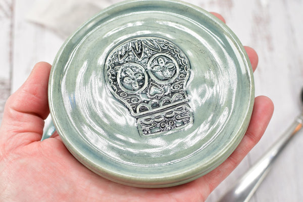 Sugar Skull Ceramic Spoon Rest, Handmade Stoneware Pottery in Blue, Gray, Black, Ring & Trinkets, Day of The Dead, Coffee or Tea Bar Kitchen