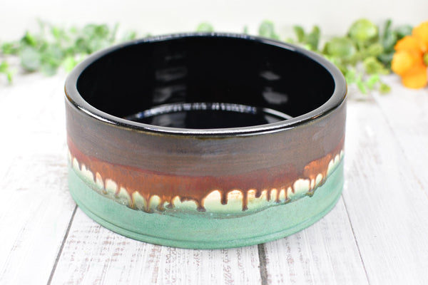 Ceramic Dog Food or Water Bowl in Bronze, Verdigris Green and Black - Handmade Stoneware Pottery Wheel Thrown Medium to Large Size Pet Dish
