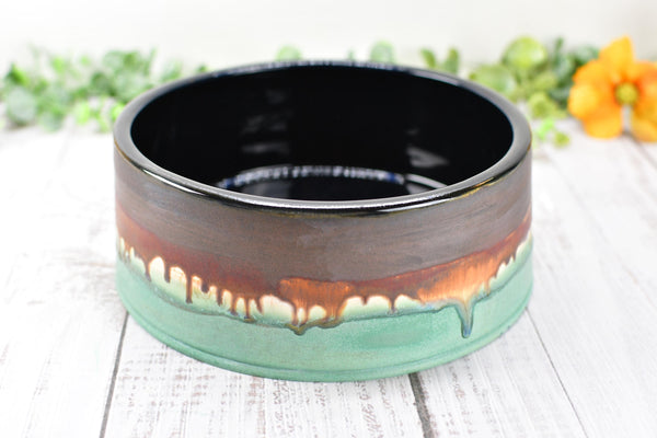 Ceramic Dog Food or Water Bowl in Bronze, Verdigris Green and Black - Handmade Stoneware Pottery Wheel Thrown Medium to Large Size Pet Dish