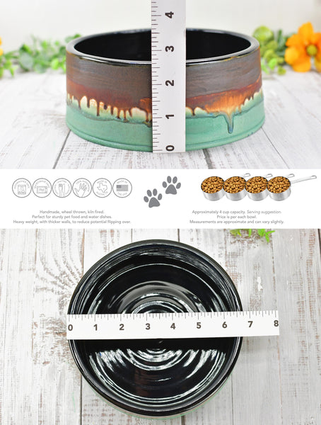 Ceramic Dog Food or Water Bowl in Bronze, Verdigris Green and Black - Handmade Stoneware Pottery Wheel Thrown Medium to Large Size Pet Dish