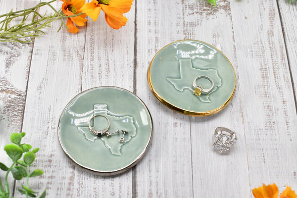 Texas White Yellow Gold Jewelry Trinket Dish, Ceramic Handmade Coffee Spoon Rest, Blue Gray Silver Stoneware Wedding Engagement Gift for Her