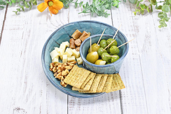 Chip Dip Ceramic Pottery Handmade Charcuterie Bowl, Spiral Blue Olive Snack Dish, Stoneware Party Serving Dining, Unique Housewarming Gift