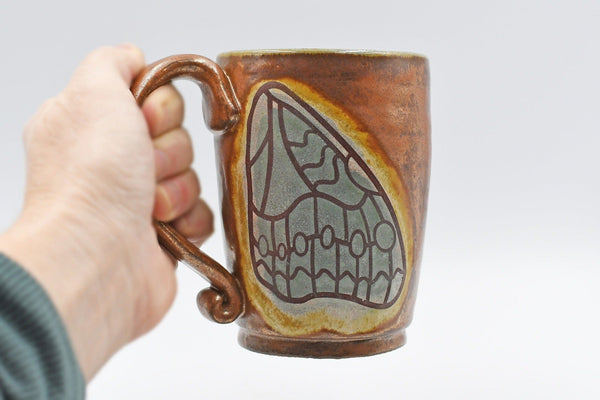 Butterfly Wings Pottery Mug, Copper & Blue Gray Sage Ceramic Stoneware Coffee Tea Cup, Hand Painted, Unique Handmade Christmas Gift for Her