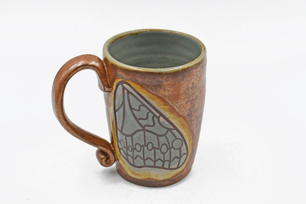 Butterfly Wings Pottery Mug, Copper & Blue Gray Sage Ceramic Stoneware Coffee Tea Cup, Hand Painted, Unique Handmade Christmas Gift for Her