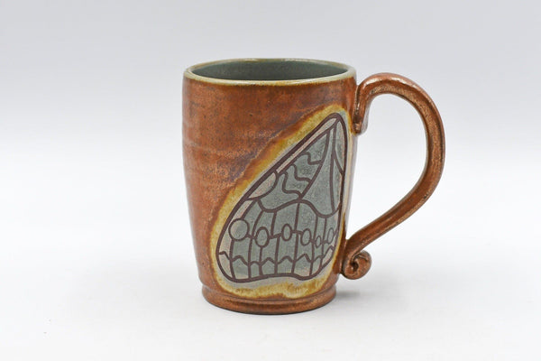 Butterfly Wings Pottery Mug, Copper & Blue Gray Sage Ceramic Stoneware Coffee Tea Cup, Hand Painted, Unique Handmade Christmas Gift for Her