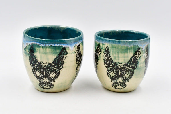 Sugar Skull Dog Handmade Ceramic Cup | Teal Pottery Stoneware Tumbler Stemless Wine Cup | Turquoise Black, White, Punk, Gothic, Halloween