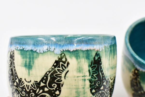 Sugar Skull Dog Handmade Ceramic Cup | Teal Pottery Stoneware Tumbler Stemless Wine Cup | Turquoise Black, White, Punk, Gothic, Halloween