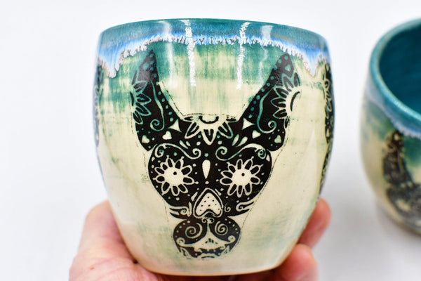 Sugar Skull Dog Handmade Ceramic Cup | Teal Pottery Stoneware Tumbler Stemless Wine Cup | Turquoise Black, White, Punk, Gothic, Halloween