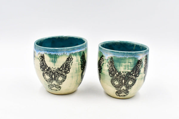 Sugar Skull Dog Handmade Ceramic Cup | Teal Pottery Stoneware Tumbler Stemless Wine Cup | Turquoise Black, White, Punk, Gothic, Halloween