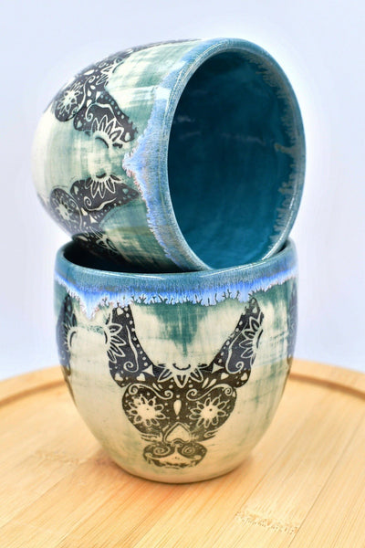 Sugar Skull Dog Handmade Ceramic Cup | Teal Pottery Stoneware Tumbler Stemless Wine Cup | Turquoise Black, White, Punk, Gothic, Halloween
