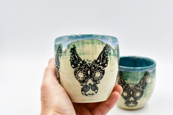Sugar Skull Dog Handmade Ceramic Cup | Teal Pottery Stoneware Tumbler Stemless Wine Cup | Turquoise Black, White, Punk, Gothic, Halloween