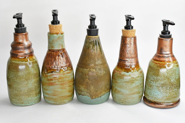 Handmade Ceramic Lotion / Soap Dispenser, Copper Verdigris Green Stoneware Pottery, Bathroom Kitchen Decor, Bronze Teal Blue