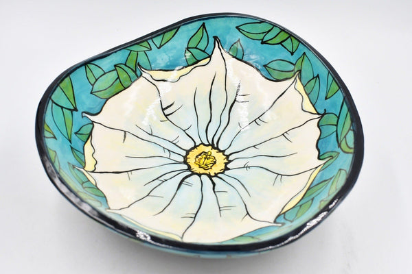 Jimson Weed Flower Handmade Pottery Bowl | Nature Lover Gift | Large Ceramic Fruit Dish, Stoneware Hand Painted One of A Kind, Ready to Ship