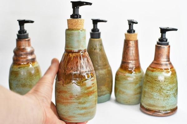 Handmade Ceramic Lotion / Soap Dispenser, Copper Verdigris Green Stoneware Pottery, Bathroom Kitchen Decor, Bronze Teal Blue