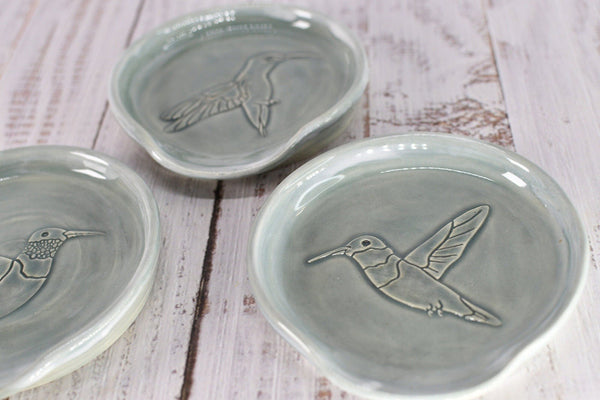 Hummingbird Ceramic Stove Top Spoon Rest, Handmade Kitchen Counter Organization Stoneware Pottery in Pale Gray Blue