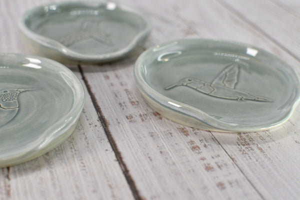 Hummingbird Ceramic Stove Top Spoon Rest, Handmade Kitchen Counter Organization Stoneware Pottery in Pale Gray Blue