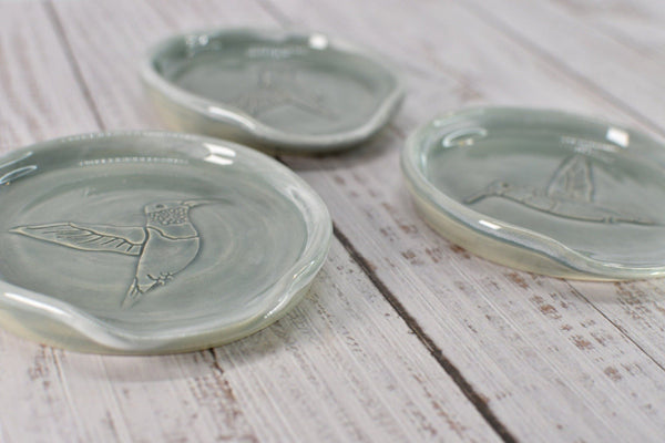 Hummingbird Ceramic Stove Top Spoon Rest, Handmade Kitchen Counter Organization Stoneware Pottery in Pale Gray Blue