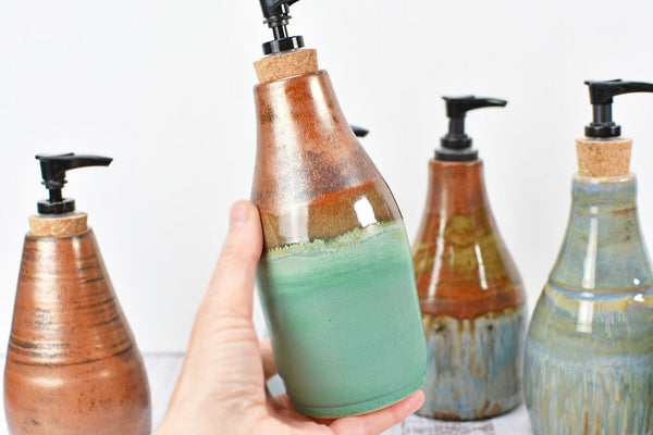 Handmade Ceramic Lotion / Soap Dispenser Stoneware Pottery in Copper Green Bronze Teal Blue Gray for Bathroom and Kitchen Decor