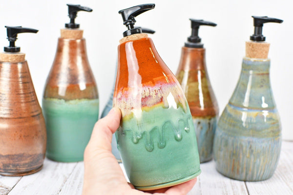 Handmade Ceramic Lotion / Soap Dispenser Stoneware Pottery in Copper Green Bronze Teal Blue Gray for Bathroom and Kitchen Decor