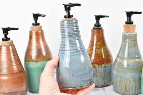 Handmade Ceramic Lotion / Soap Dispenser Stoneware Pottery in Copper Green Bronze Teal Blue Gray for Bathroom and Kitchen Decor